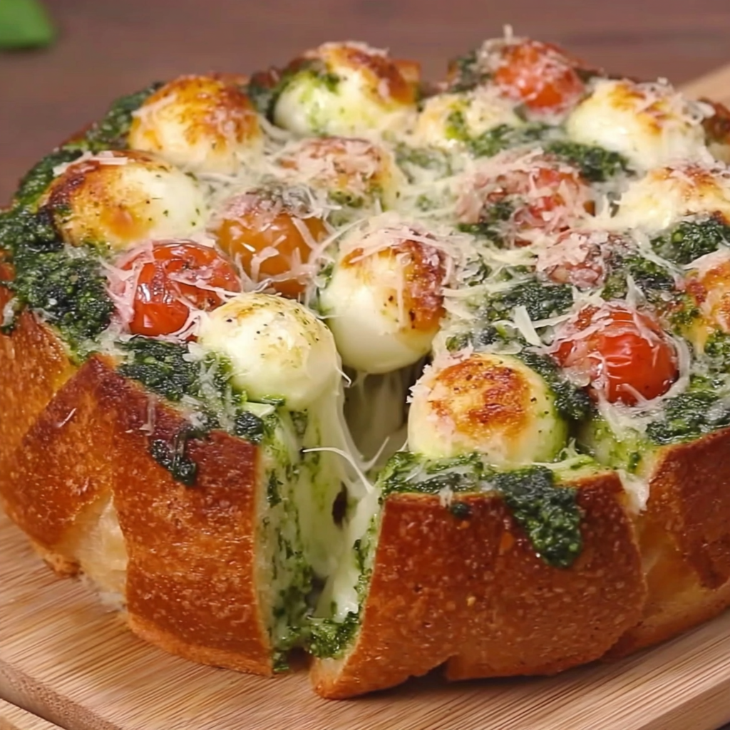 Closeup of torn caprese bread showing melted cheese and tomatoes