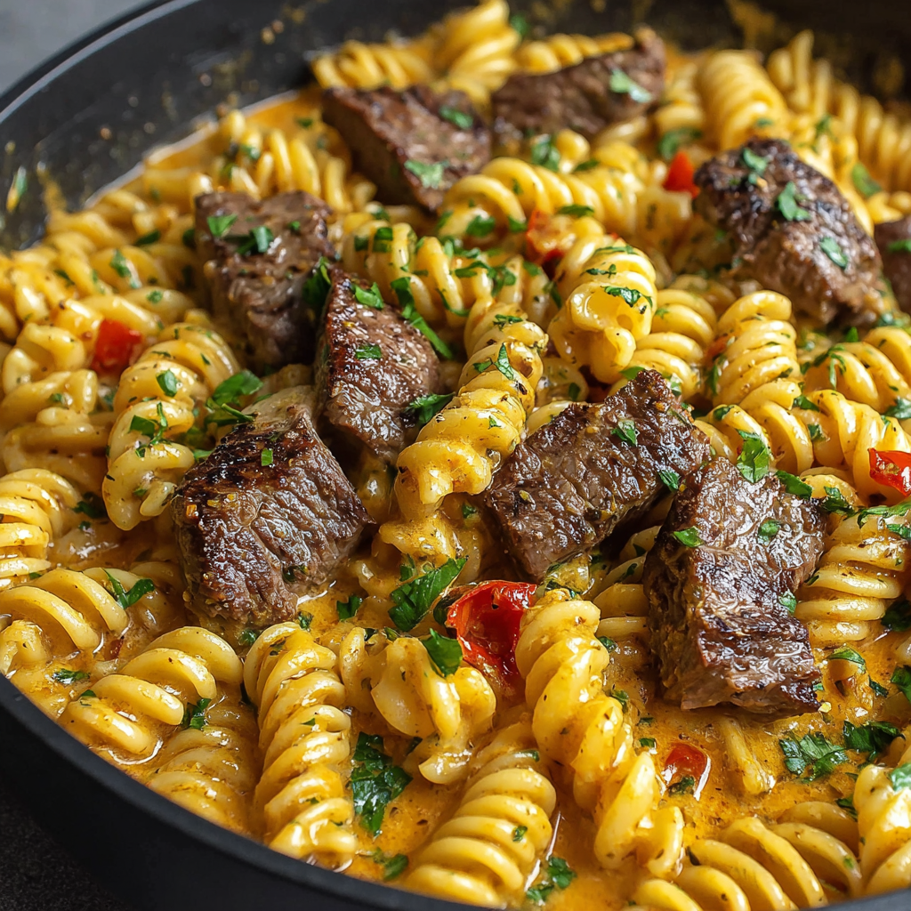 Spicy Garlic Butter Steak Pasta
