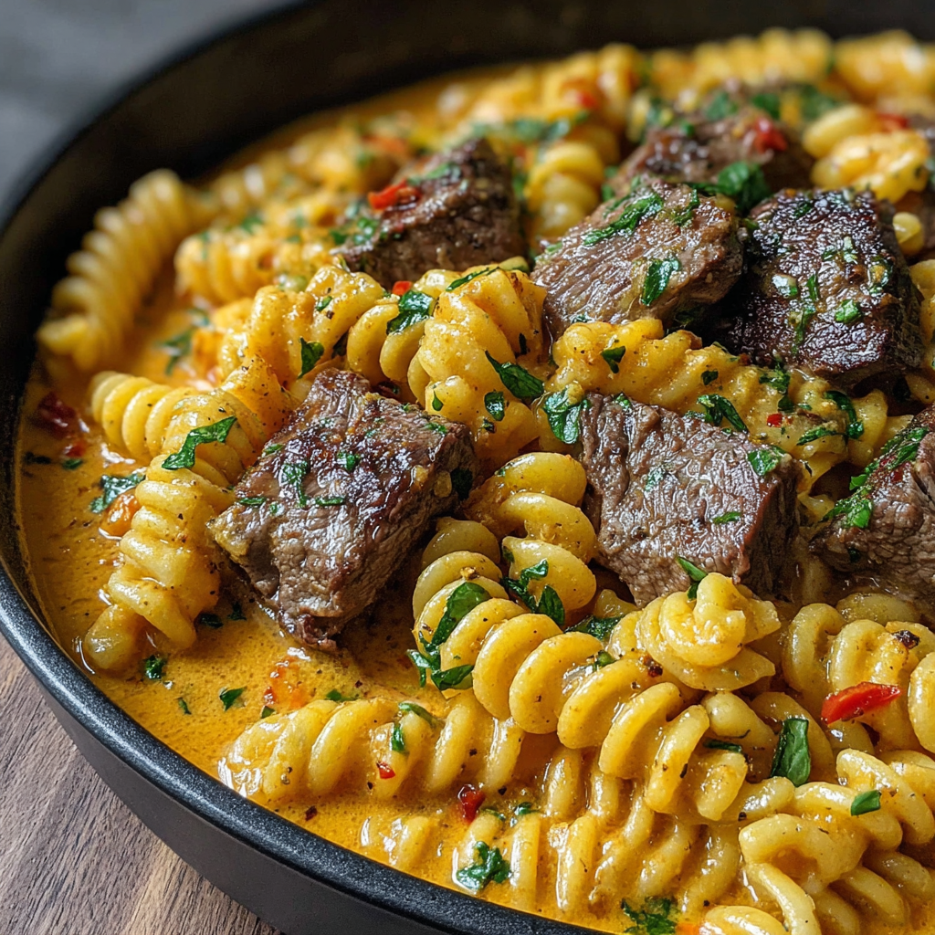 Close-up of rotini coated in creamy garlic butter sauce with steak pieces