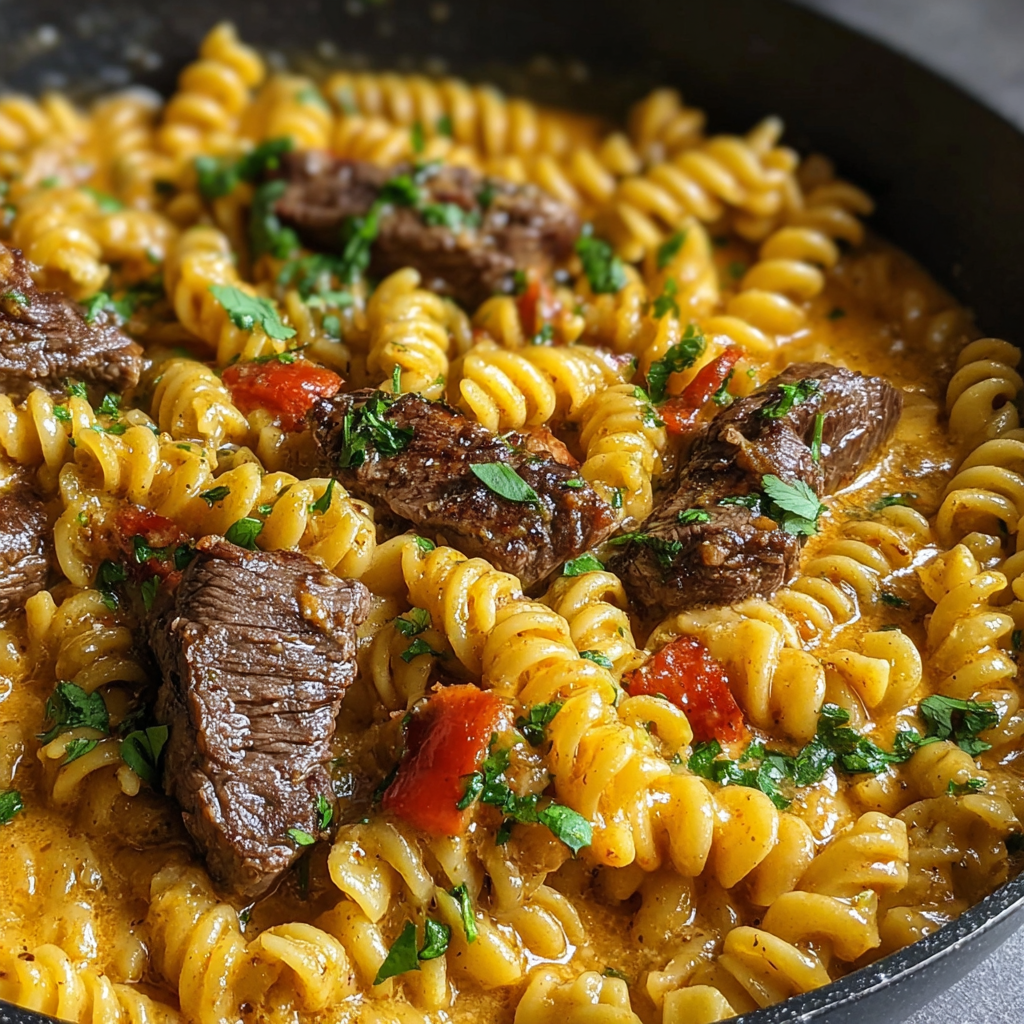 Skillet on a wooden board with creamy pasta and steak served family style