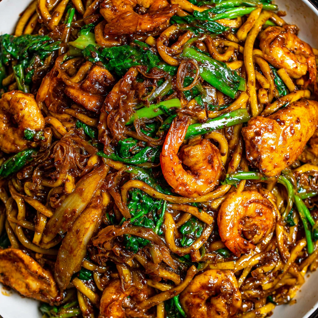 Serving Malaysian Hokkien Mee with lime wedges and sambal on the side