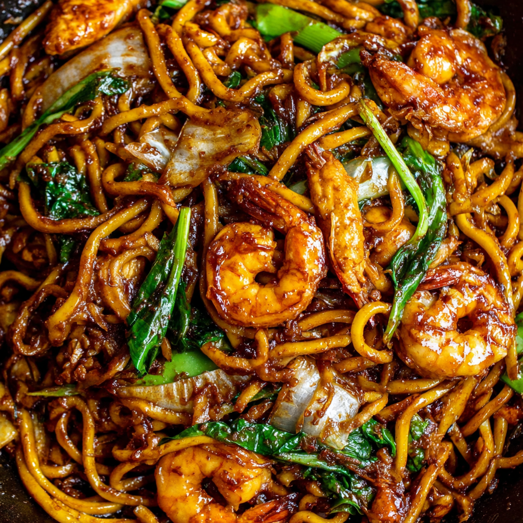 Close-up of glossy Hokkien noodles showing sauce clinging to each strand