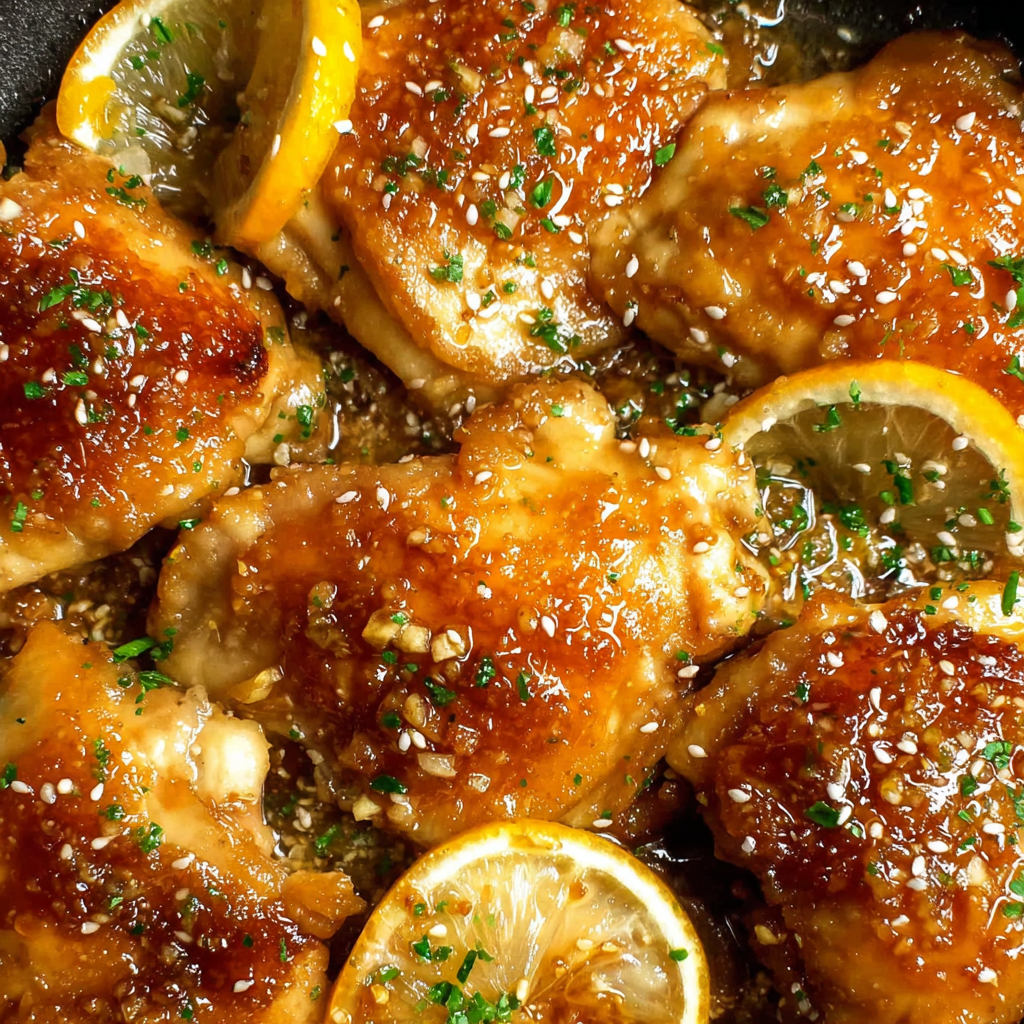 Honey Lemon Garlic Chicken simmering in skillet with glossy sauce