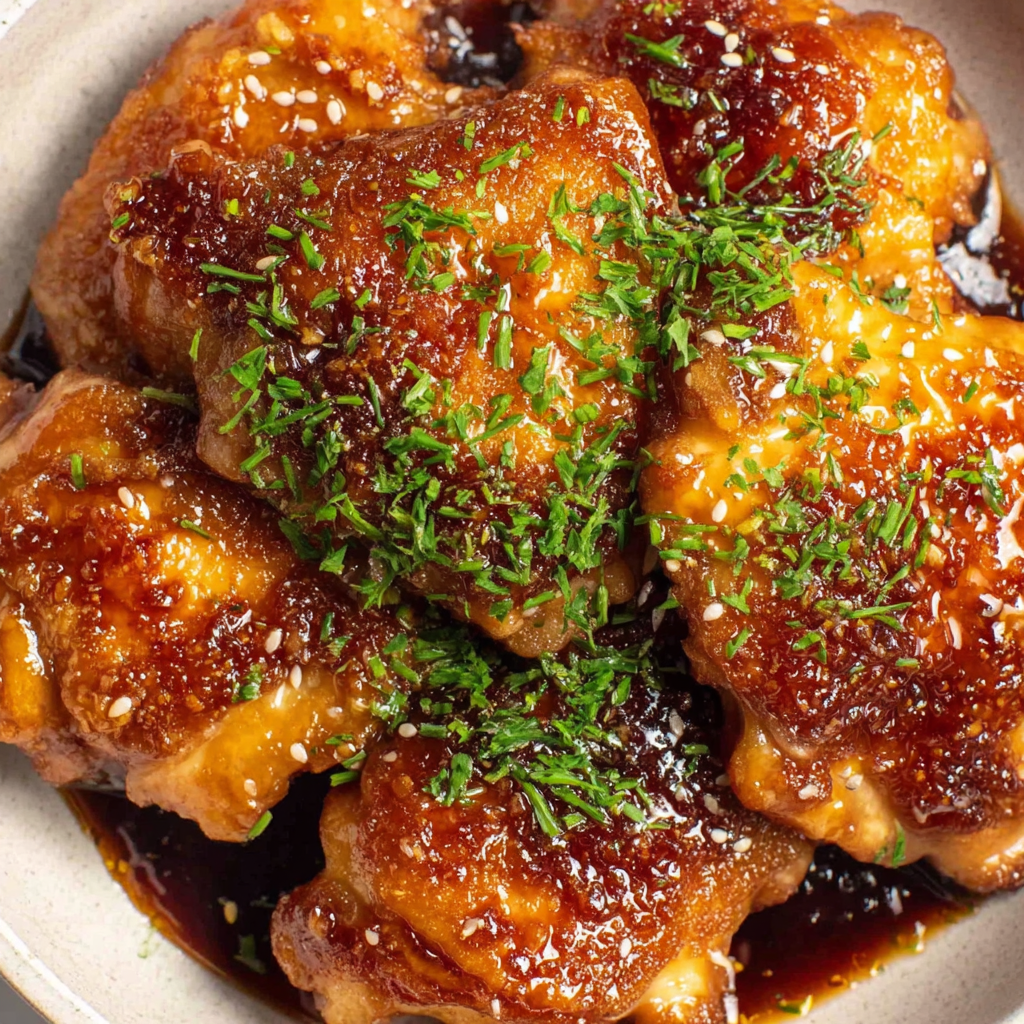 Close-up of honey lemon garlic sauce coating chicken in a skillet