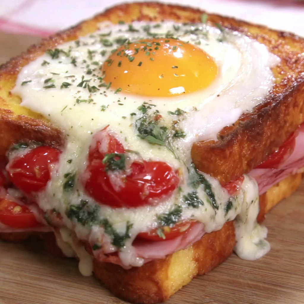 Close-up of layered ham, melted cheese, and egg-in-a-hole breakfast sandwich