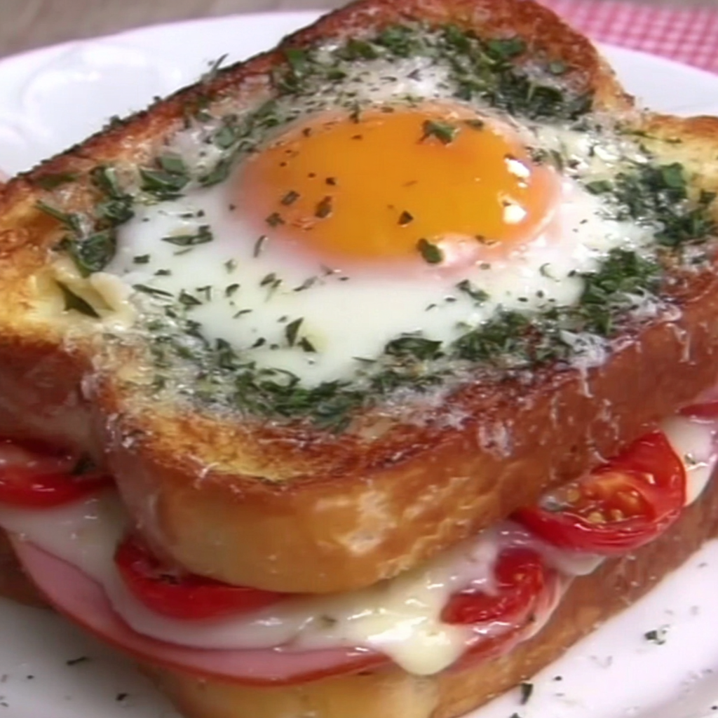 Sheet pan with multiple baked breakfast sandwiches, tomatoes and herbs
