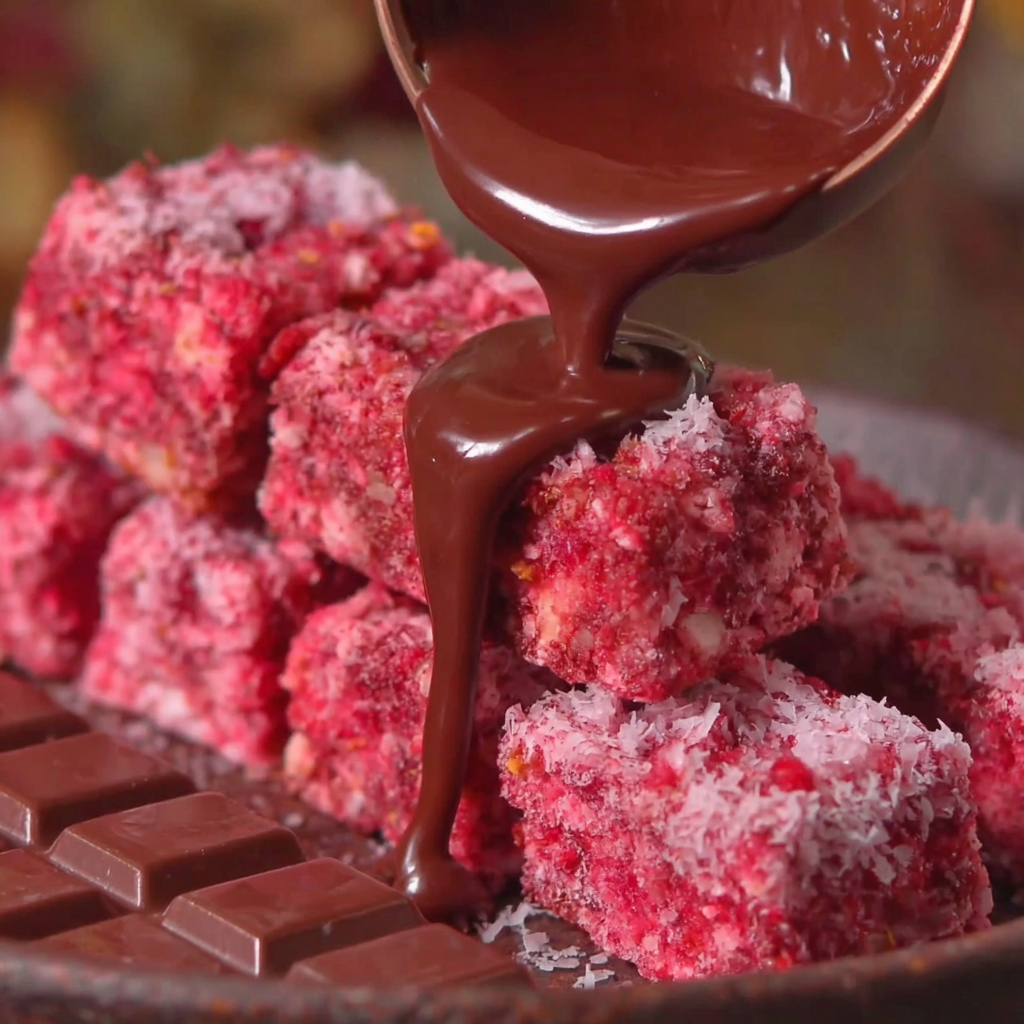 Close-up of raspberry coconut filling being pressed into a parchment-lined pan