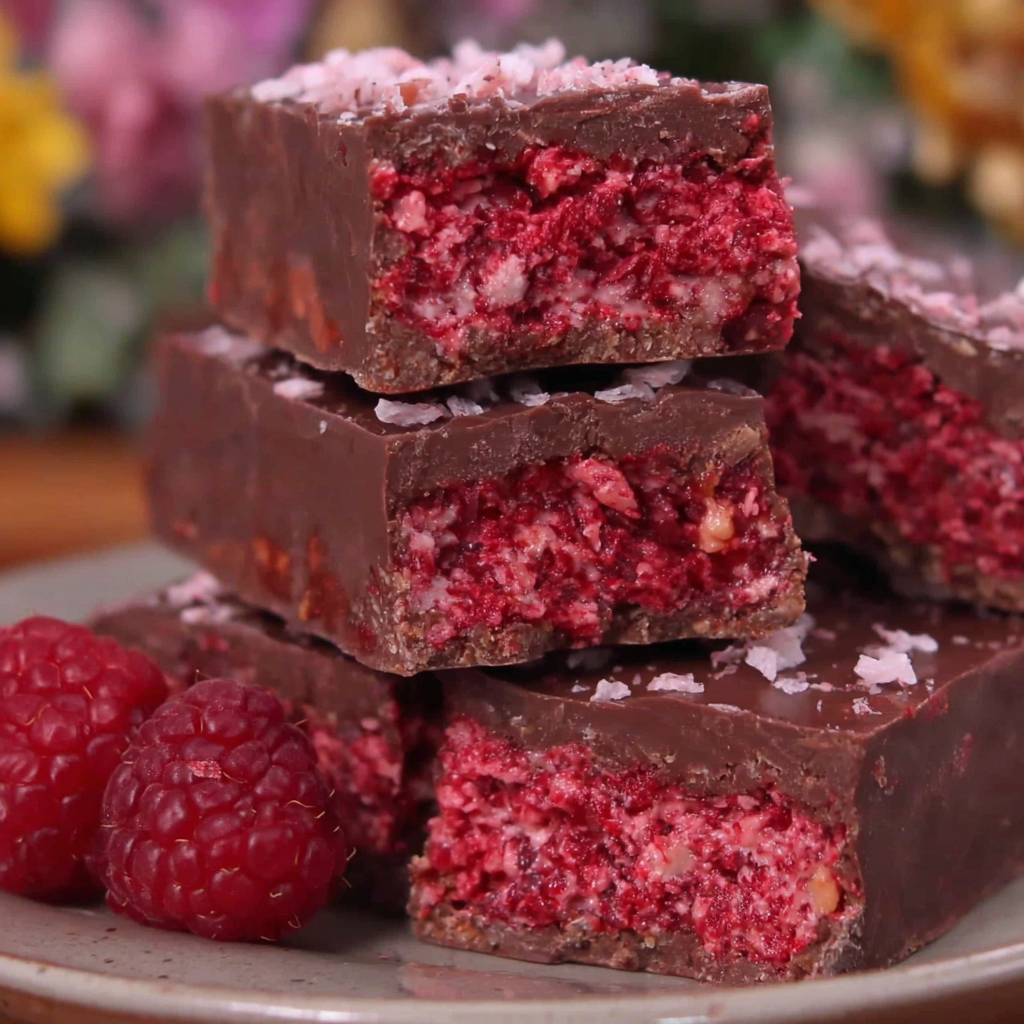 Chocolate-dipped raspberry ruffle bars on parchment with fresh berries