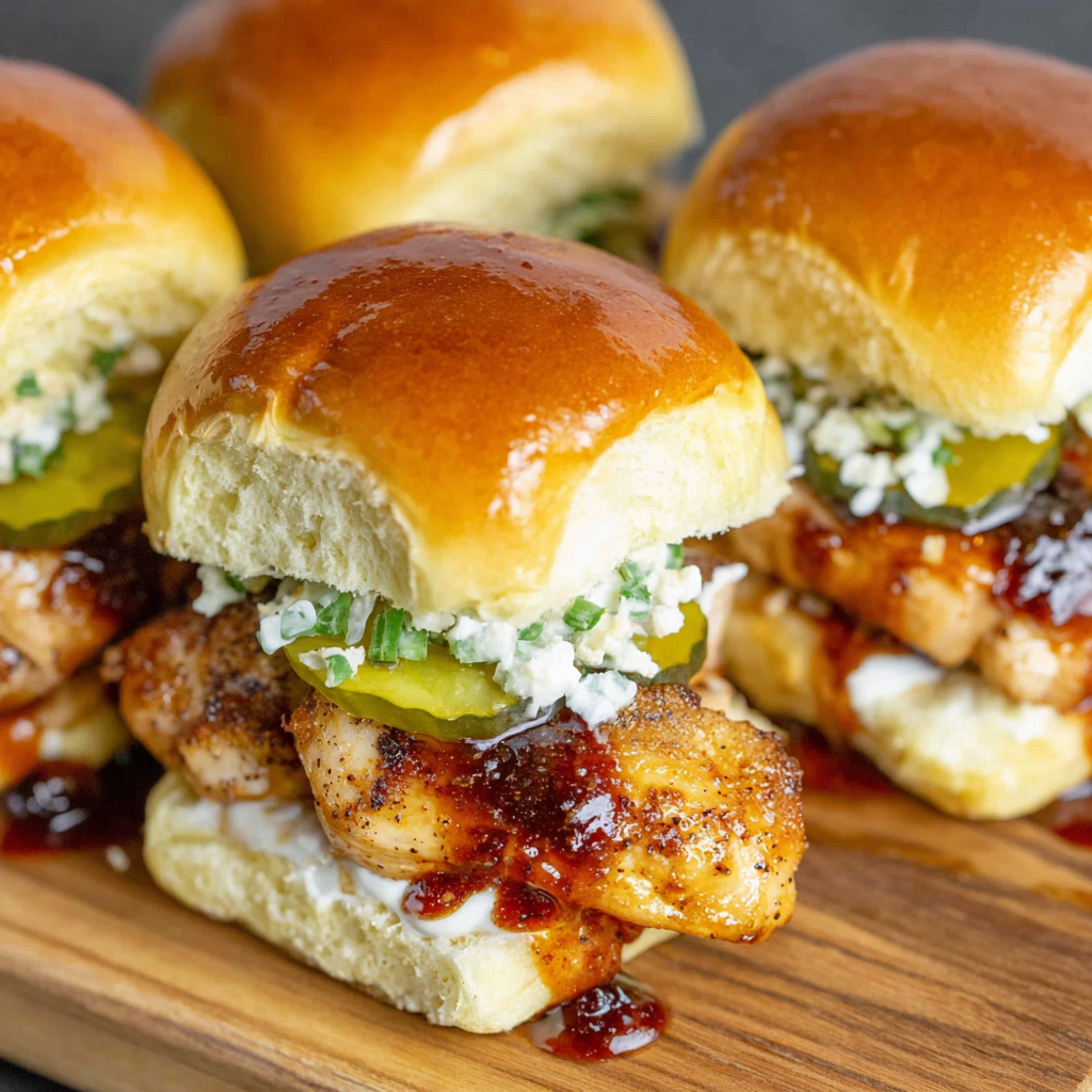 Tray of hot honey chicken sliders with pickles and bowls of ranch