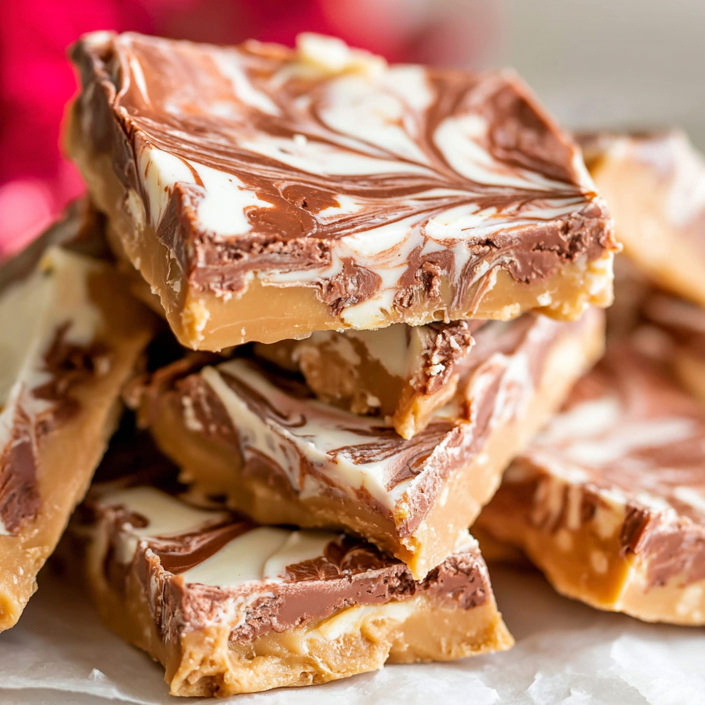 Stacked squares of tiger butter showing clean swirls