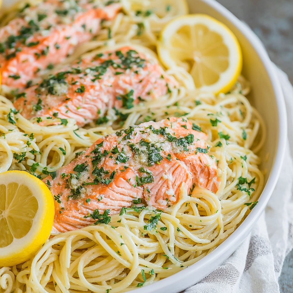 Ingredients for salmon pasta and lemon garlic butter sauce on a countertop