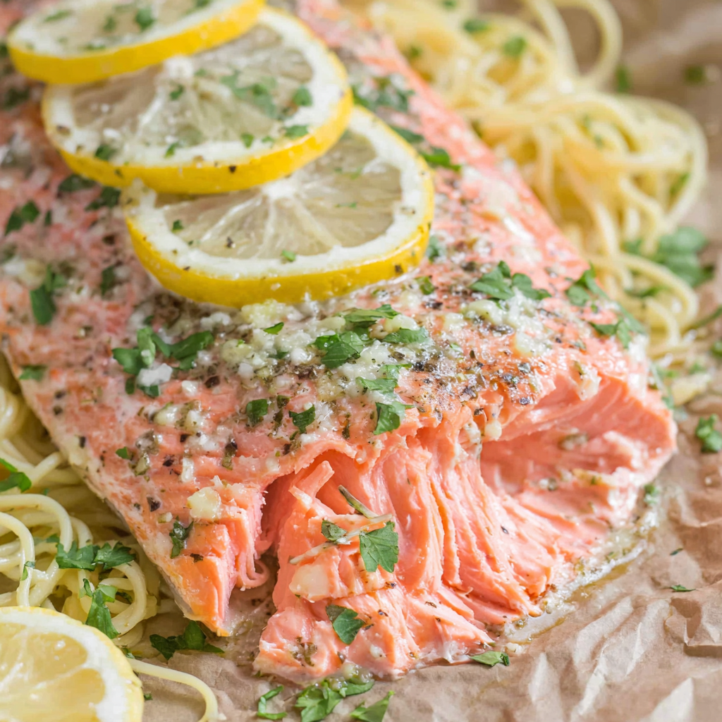 Fork twirling lemon garlic salmon pasta with parsley