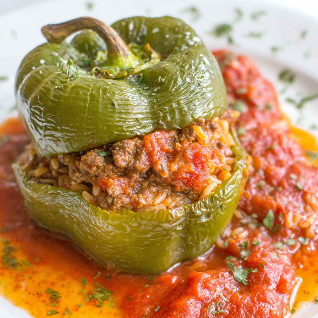Plated stuffed peppers with parsley and sauce