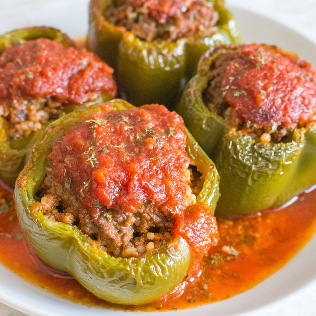 Close-up of stuffed peppers with rich tomato sauce