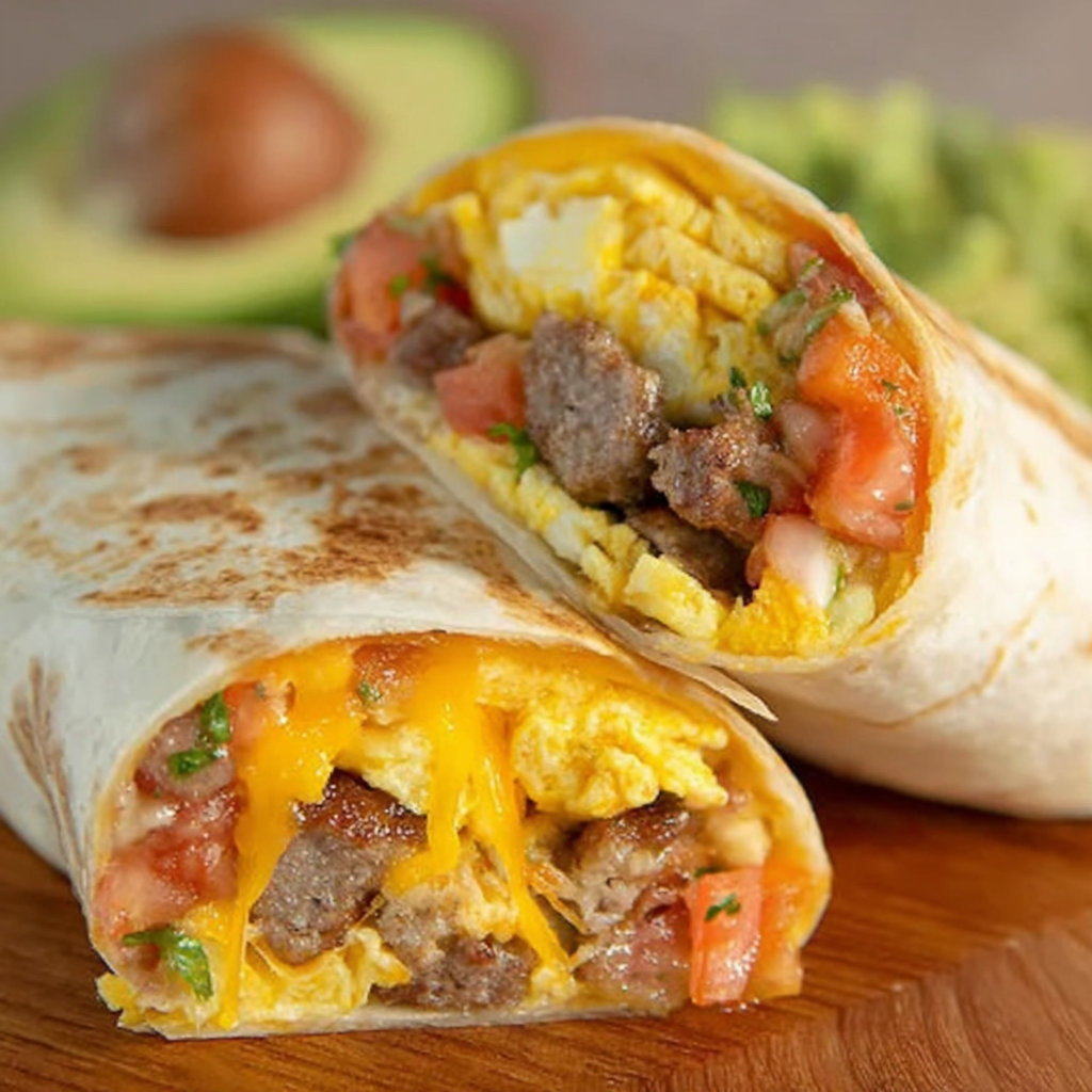 Assembly line of tortillas, scrambled eggs, sausage, and cheese ready for rolling