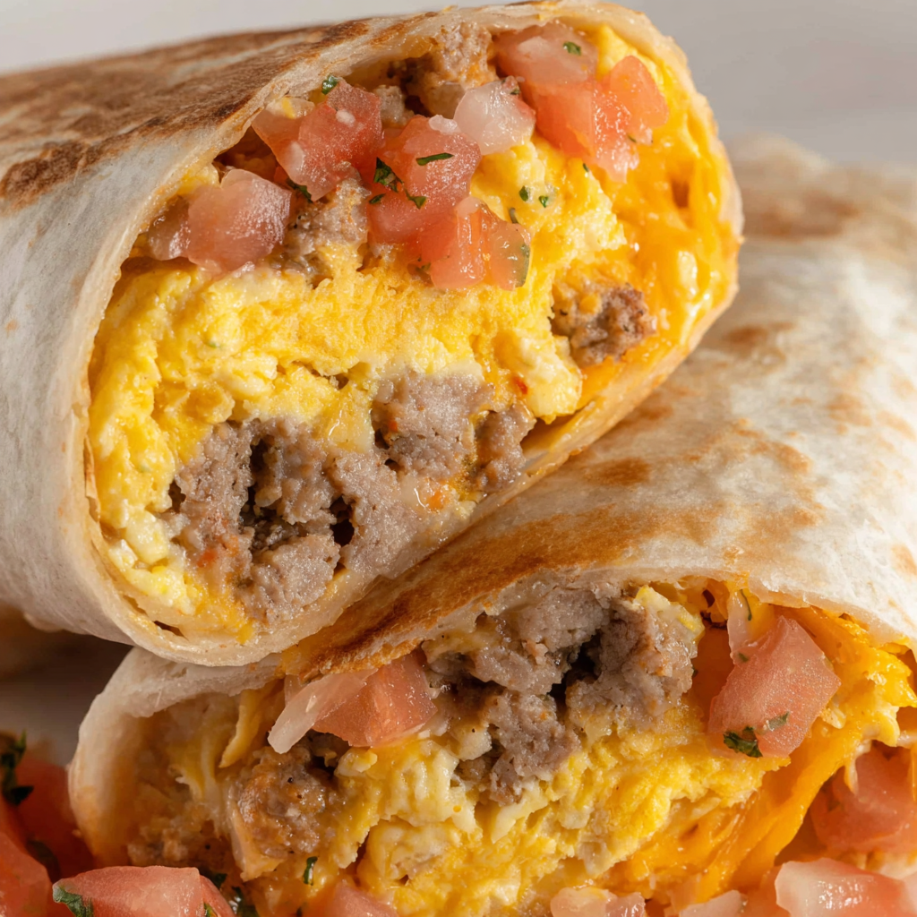 Foil-wrapped breakfast burritos stacked for freezing, with labeled zip-top bag