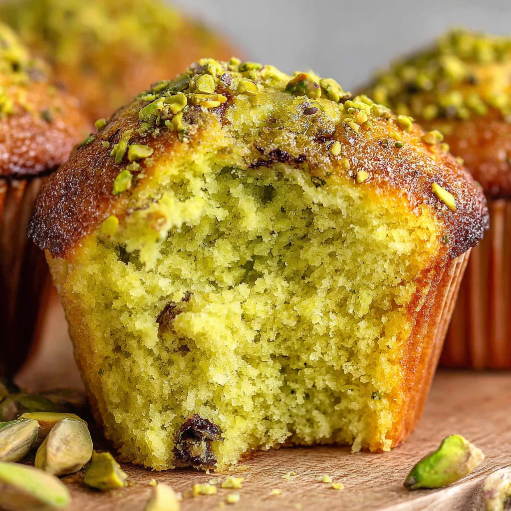 Close-up of pistachio muffin crumb showing tender texture and crunchy top