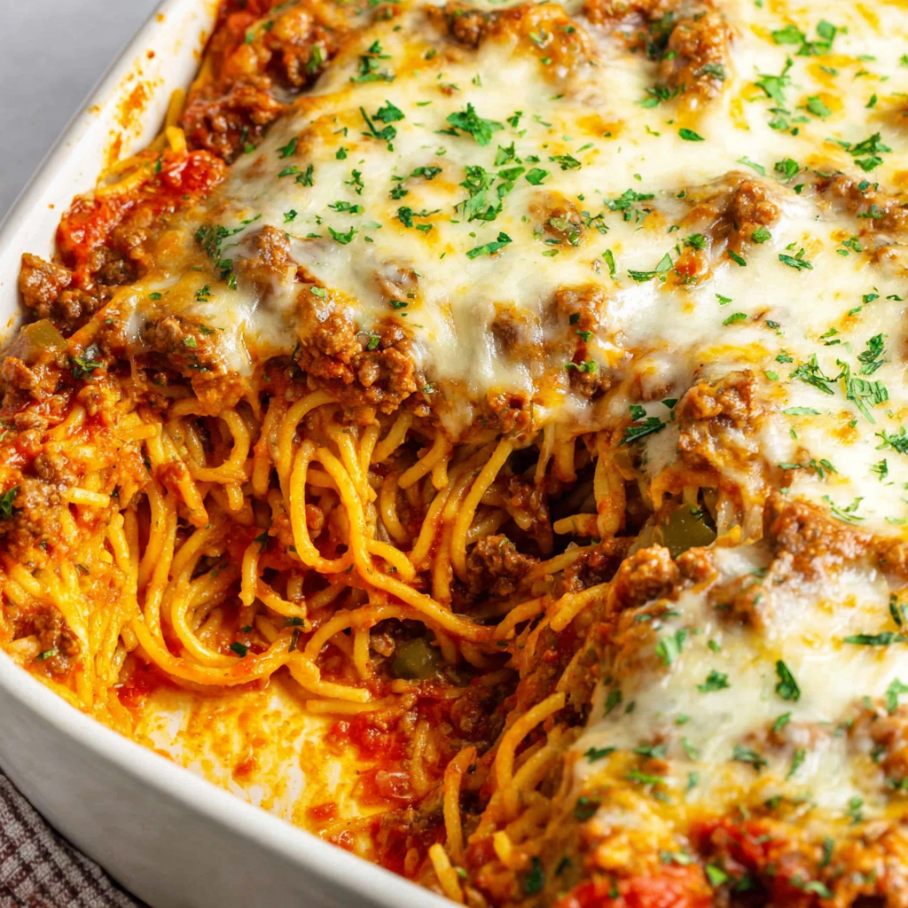 Close-up of a slice of baked spaghetti with bubbly cheese and parsley