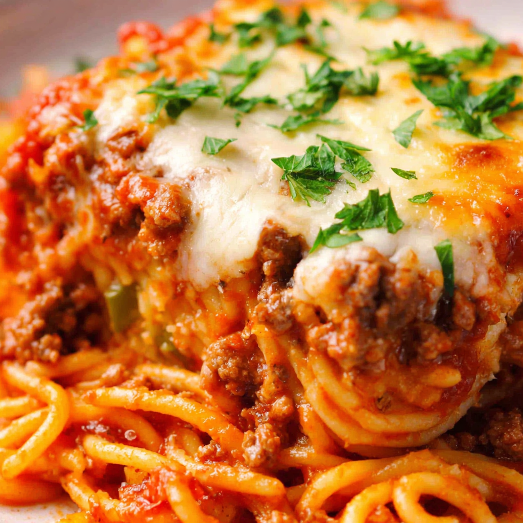 Family-style serving of baked spaghetti on plates with salad