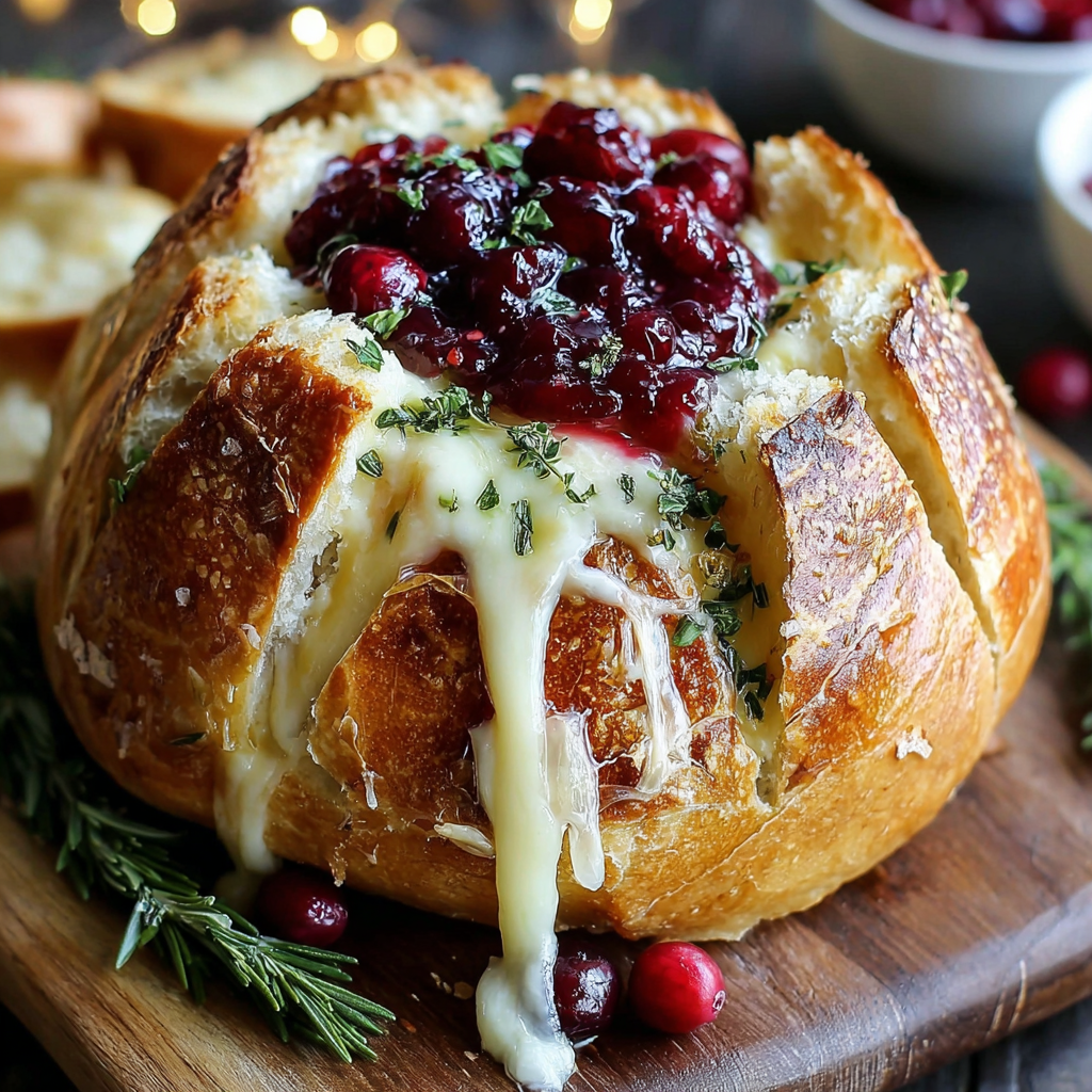 Close-up of melty brie and cranberry inside a crispy sourdough loaf
