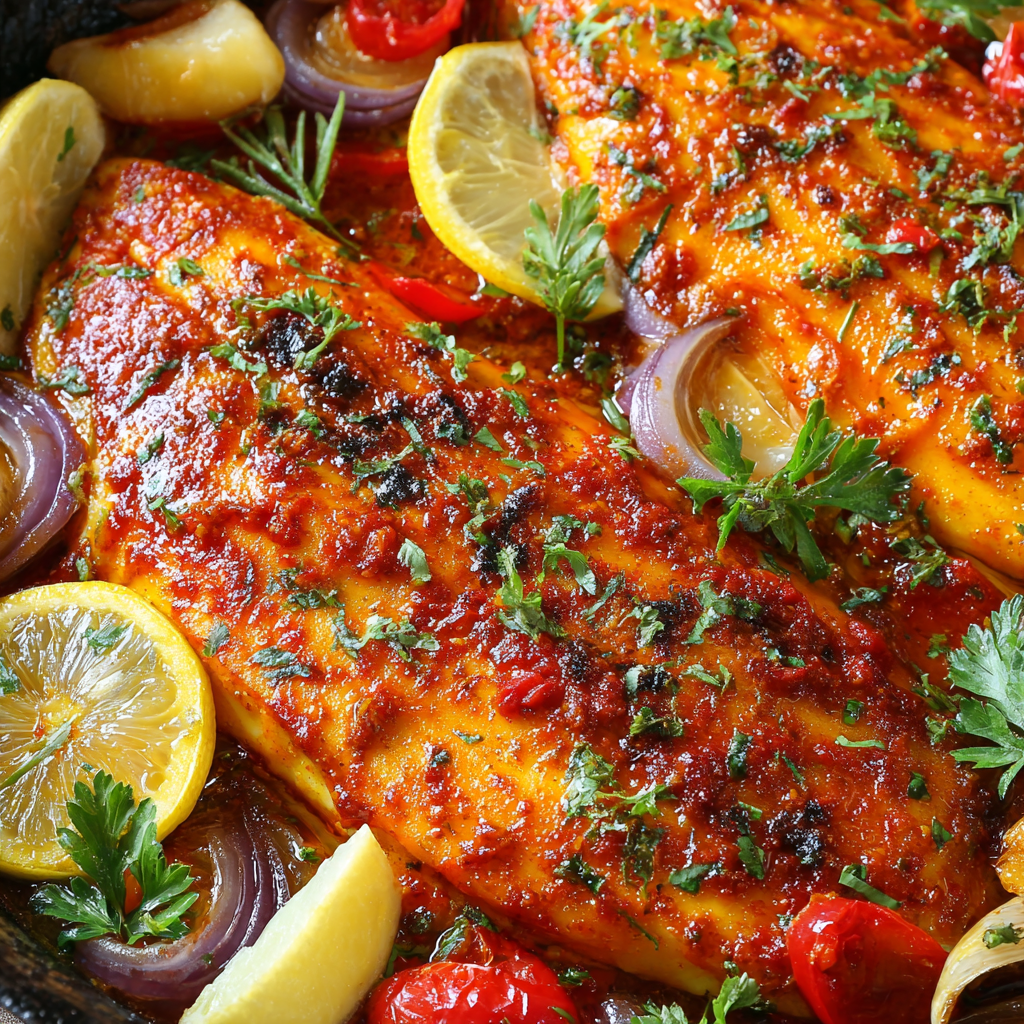 Serving suggestion of spicy baked basa with rice and salad