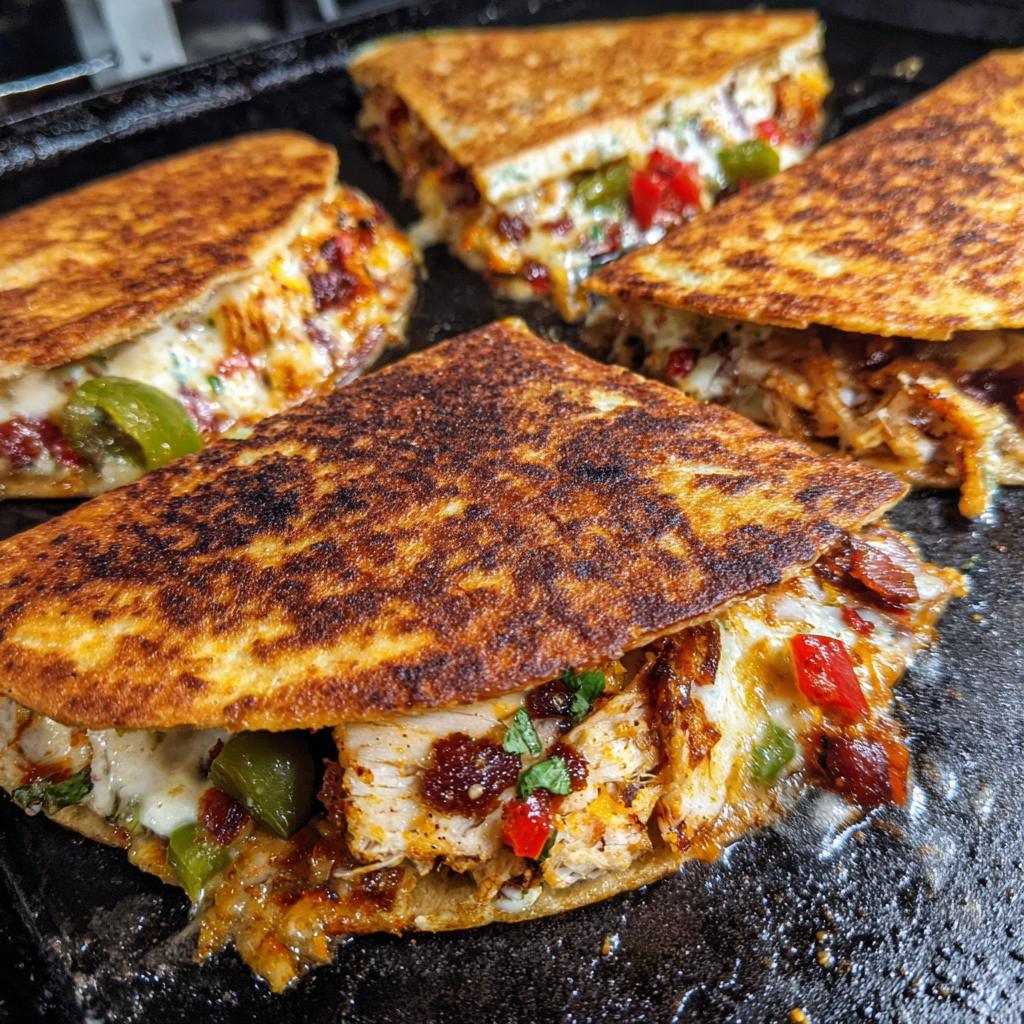 Close-up of melty Oaxaca cheese pull from a sliced quesadilla