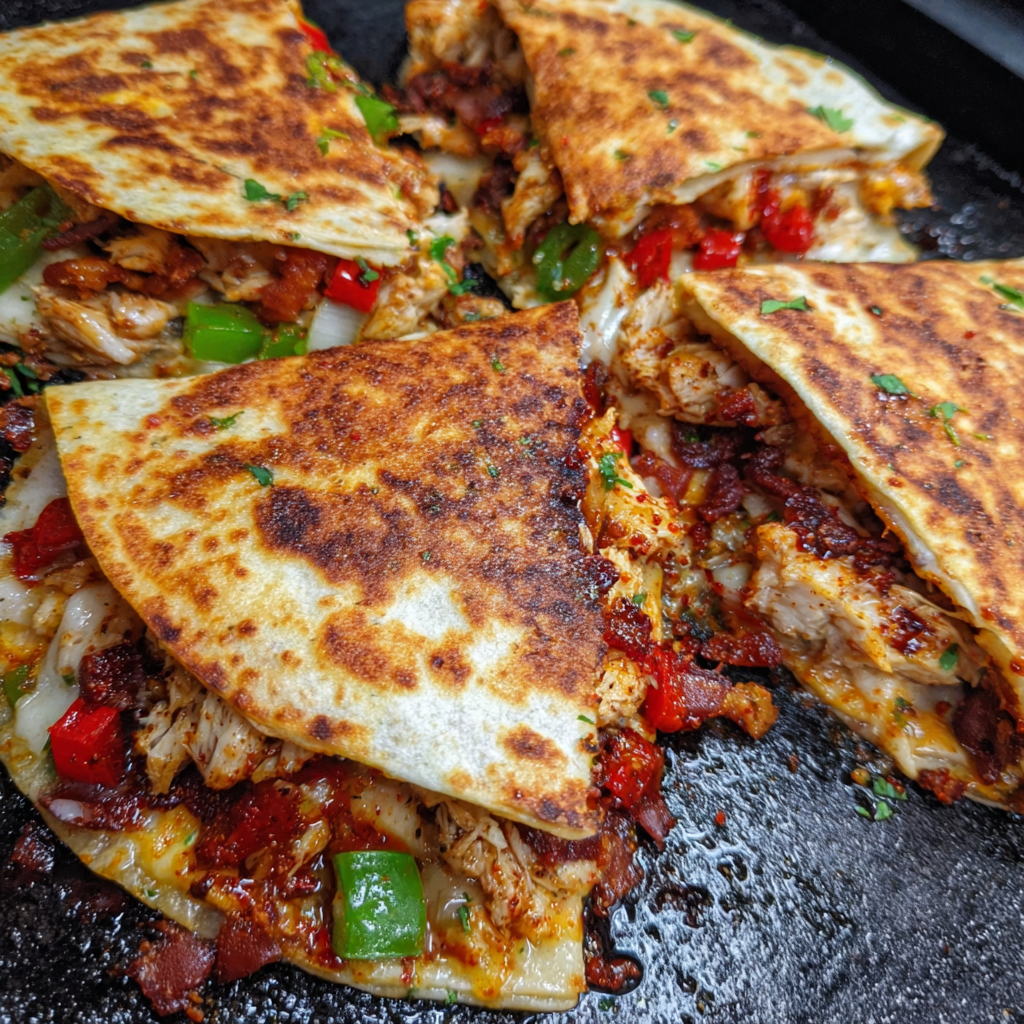 Stack of chicken bacon ranch quesadilla wedges with dipping sauce