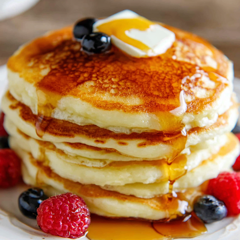 Golden fluffy pancakes on a griddle with spatula ready to flip