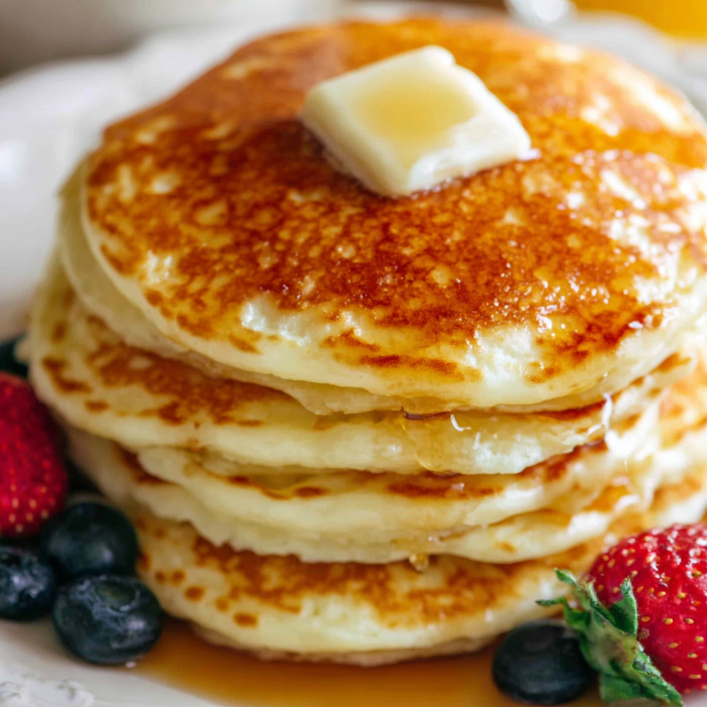 Pancakes topped with berries and yogurt on a table with coffee