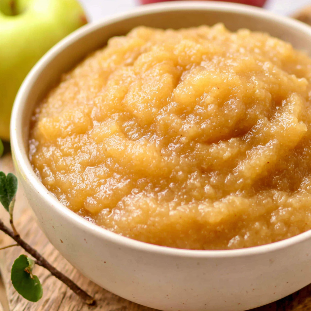 Bowl of applesauce served warm with cinnamon and spoon