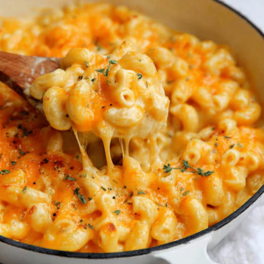 Scooped serving of cheesy cavatappi on a plate with parsley garnish