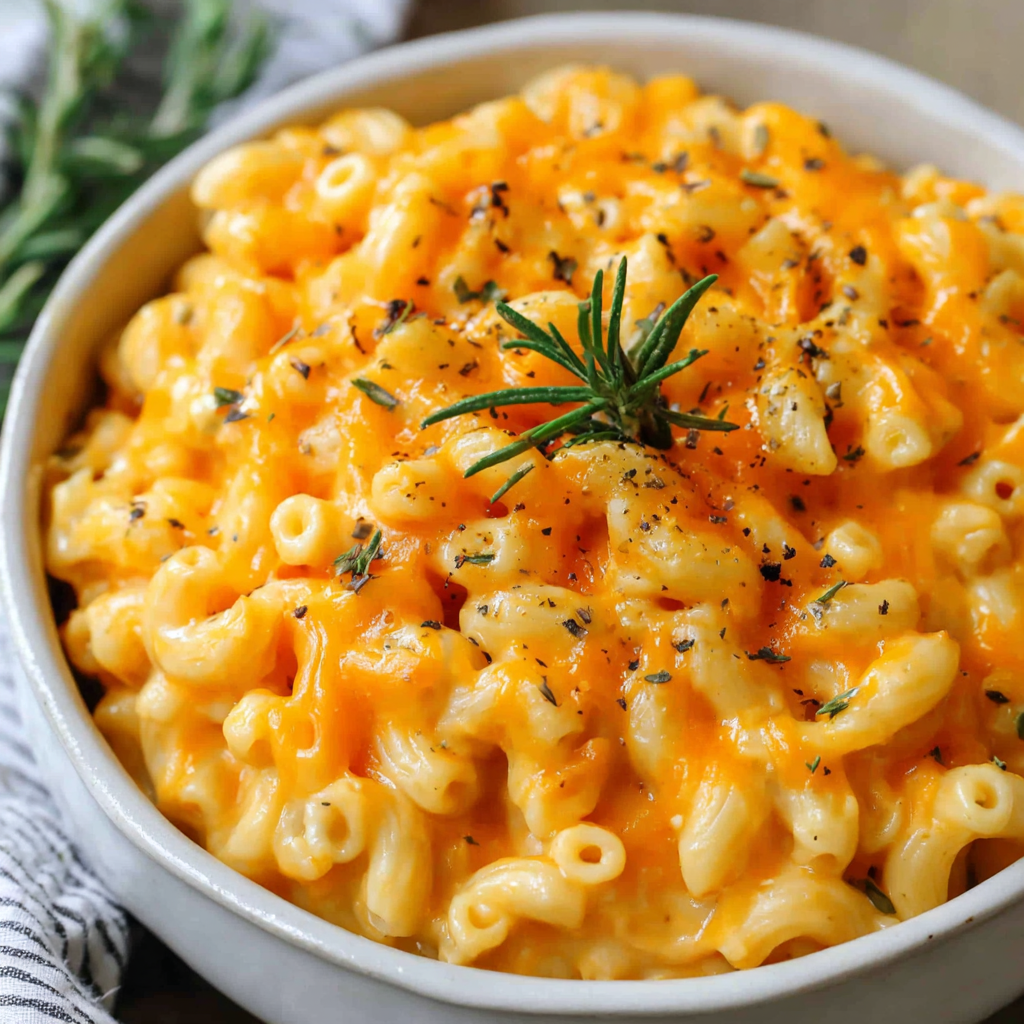 Close-up of cavatappi spirals coated in creamy three-cheese sauce