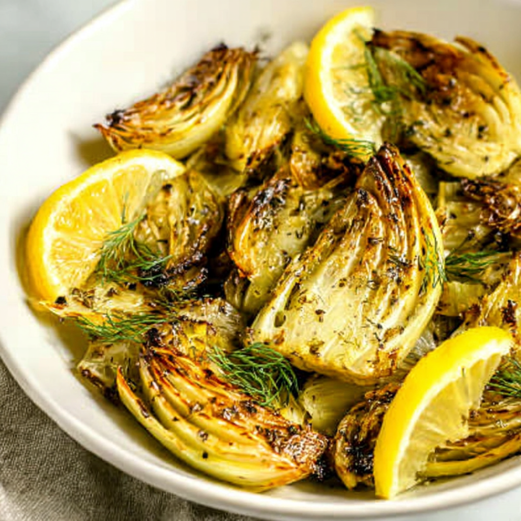Close-up of caramelized roasted fennel with lemon