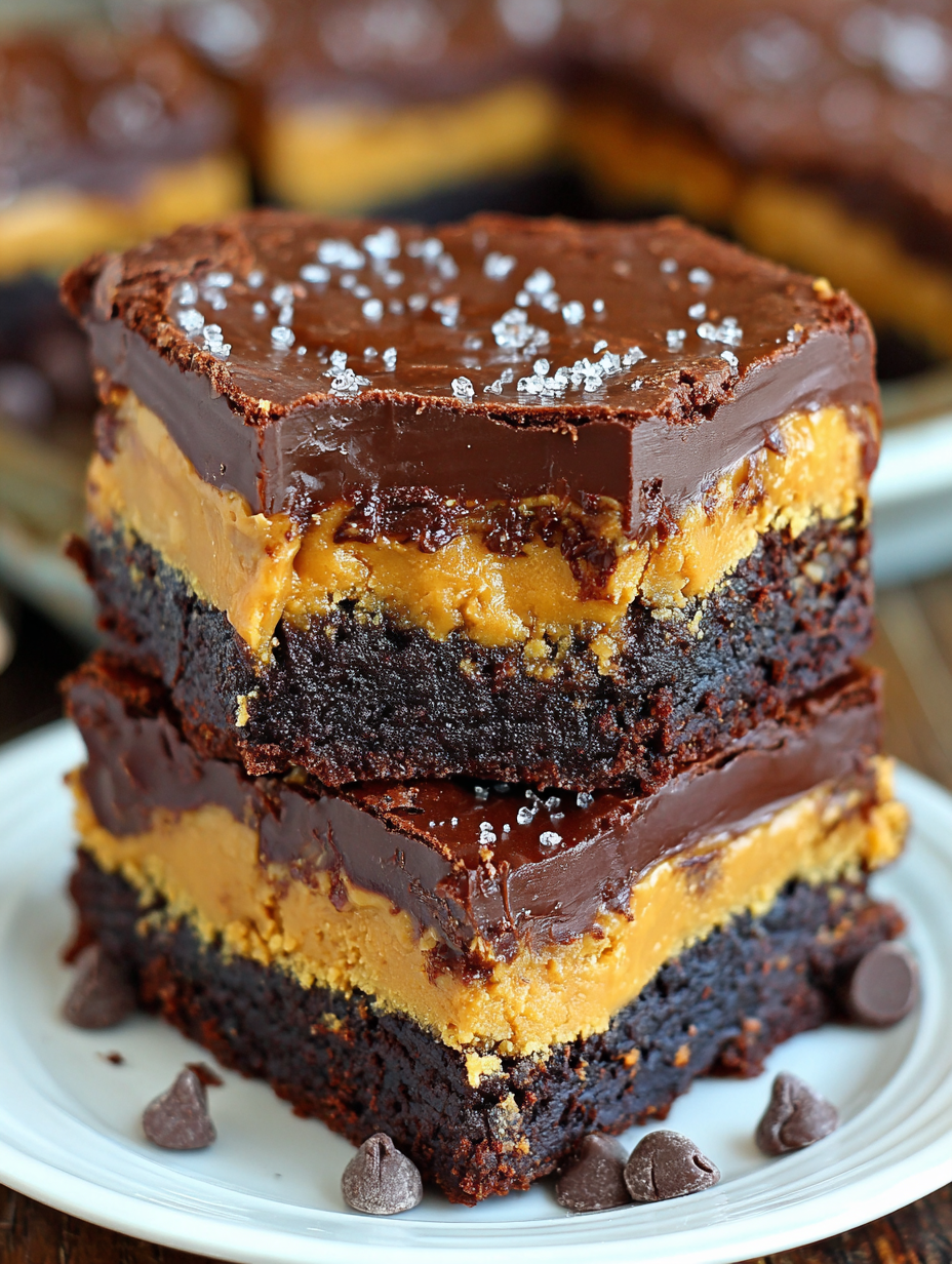 Close-up of a peanut butter brownie square with ganache