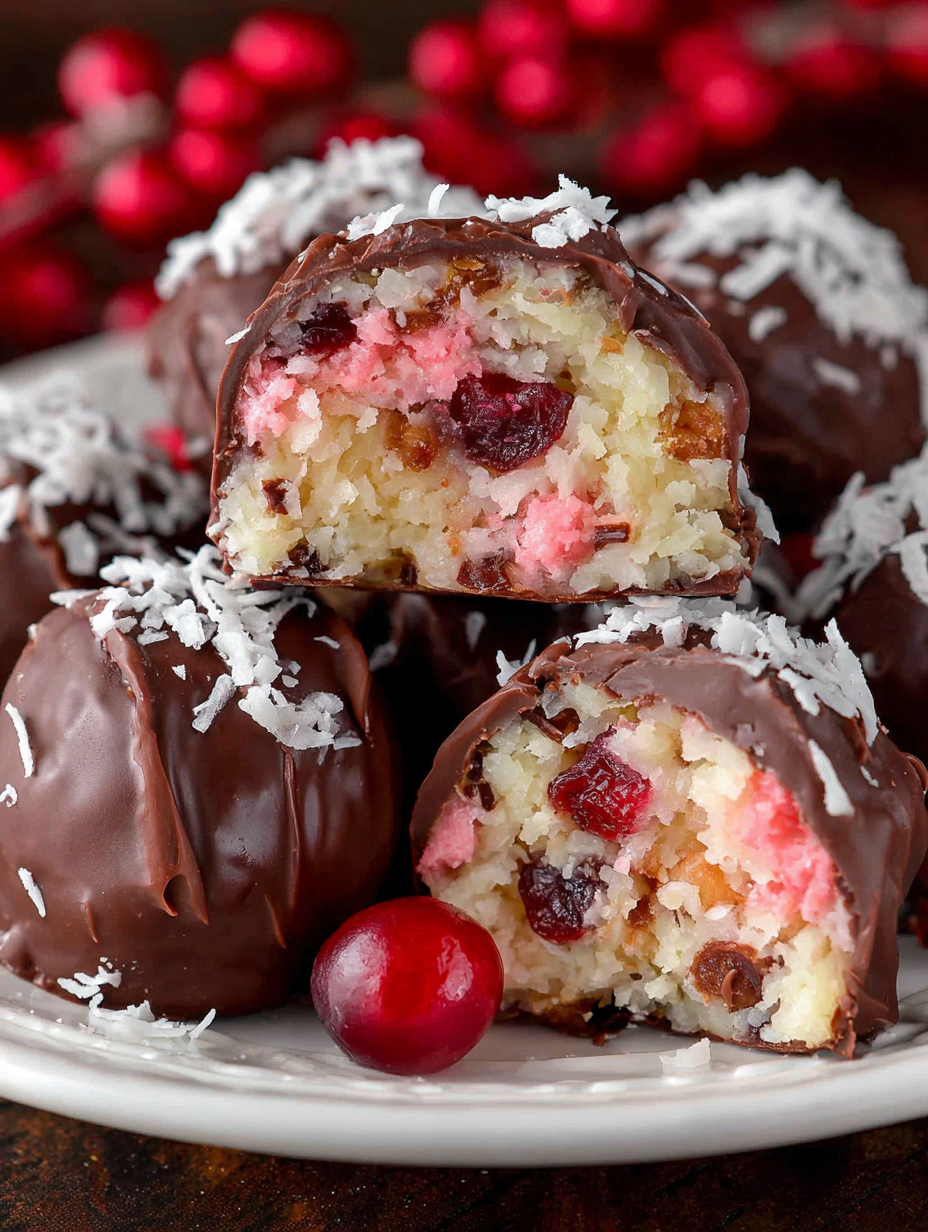 Close-up of a chocolate-coated Martha Washington candy with pecan inside