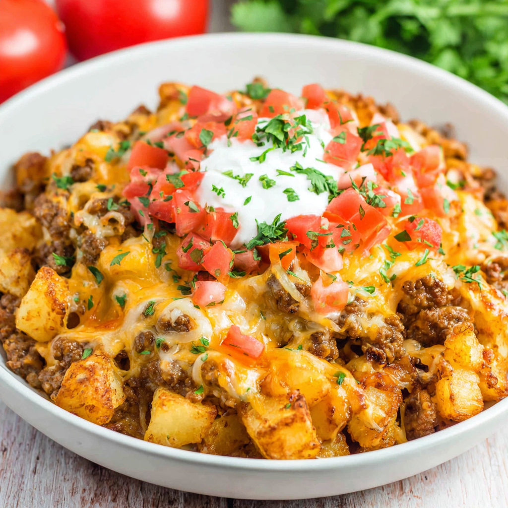 Crock Pot Taco Hash Brown Casserole in slow cooker with melted cheese