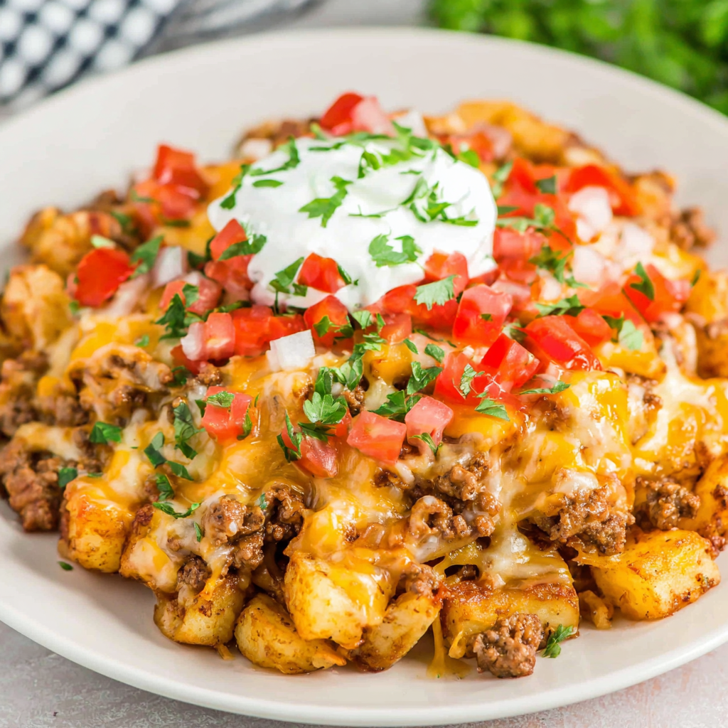 Served portion of taco hash brown casserole with toppings