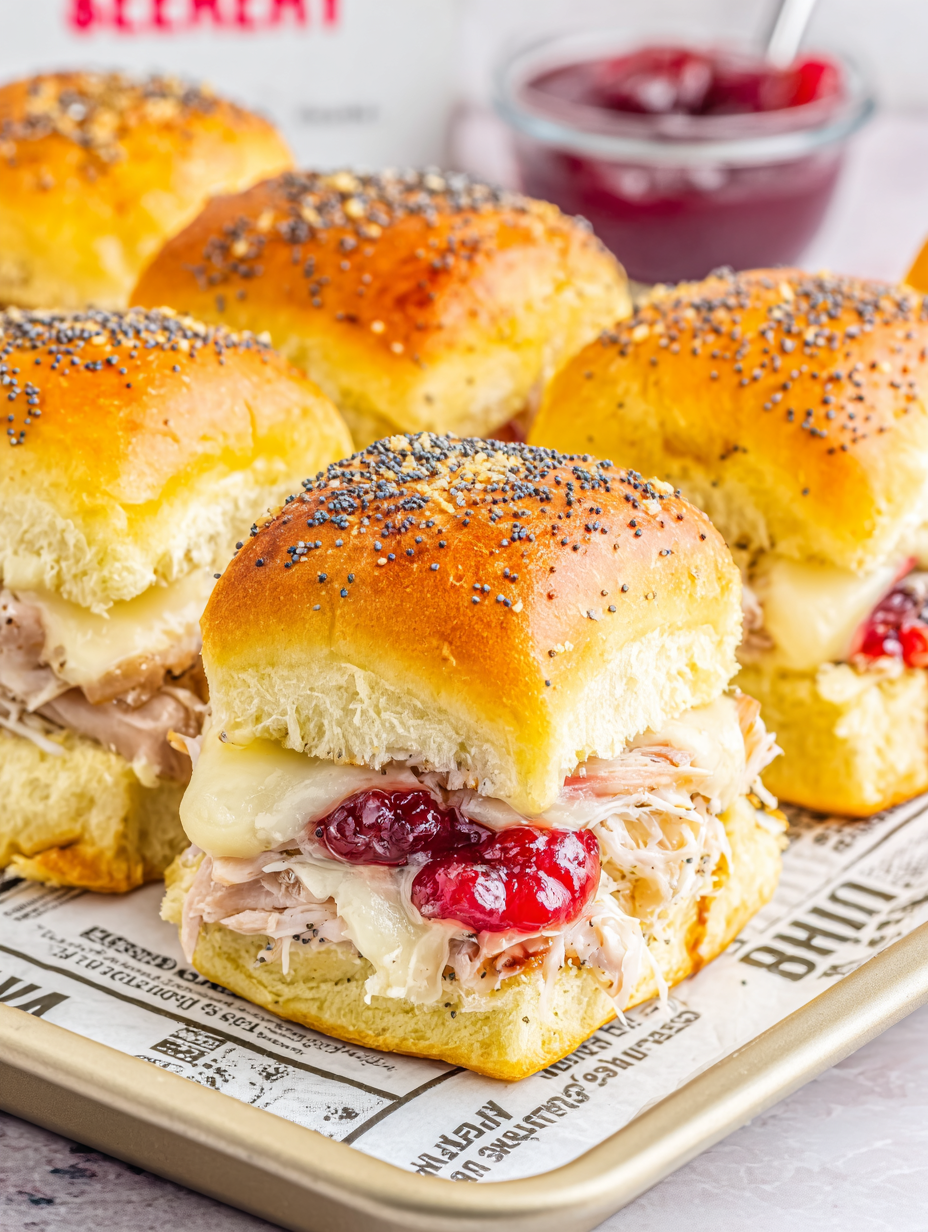 Close up of a sliced slider showing turkey, cranberry and cheese