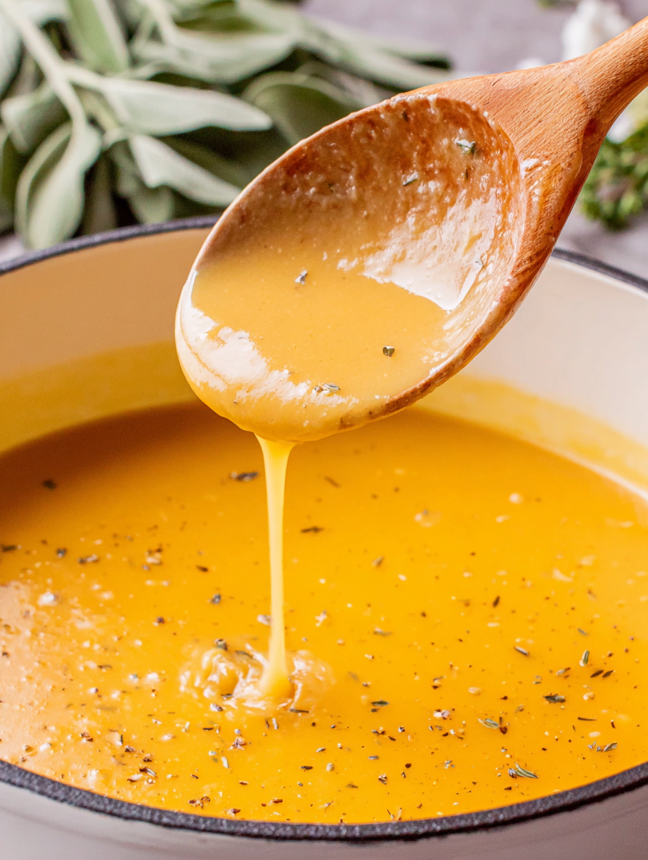 Smooth chicken broth gravy in a white gravy boat