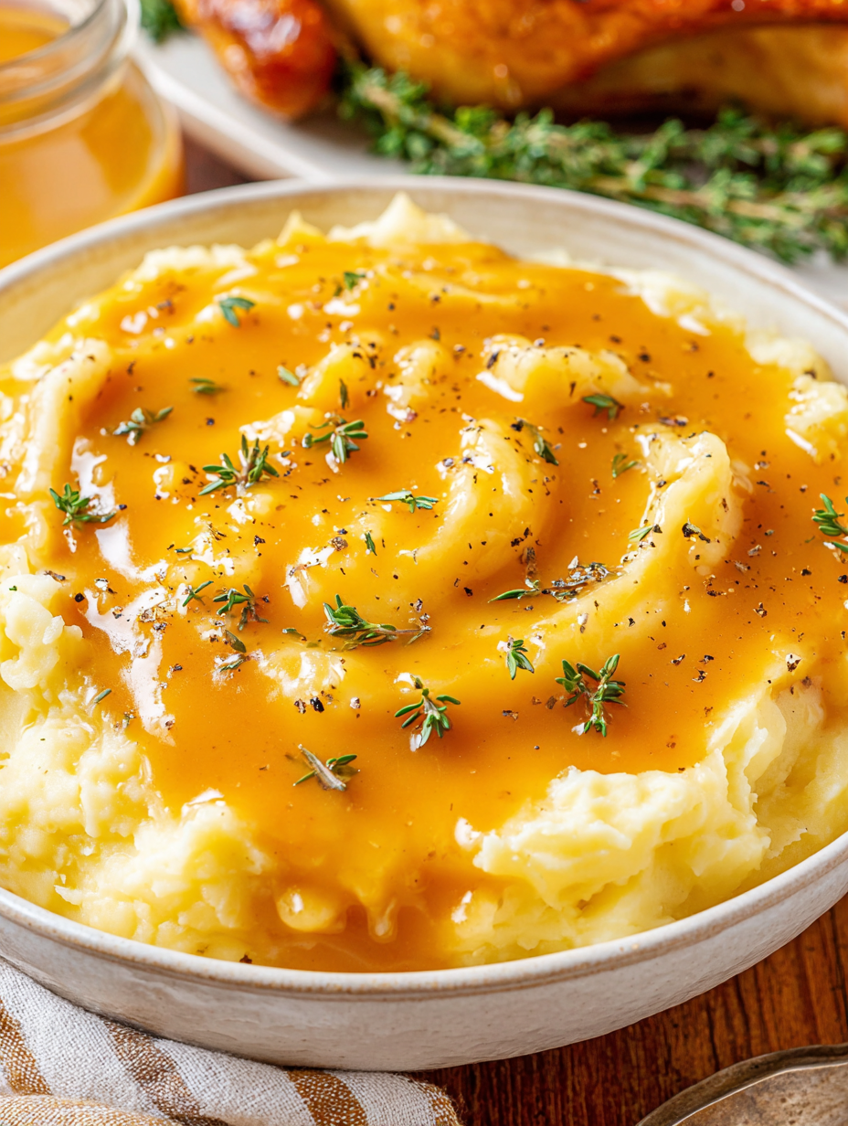 Pouring homemade gravy over mashed potatoes