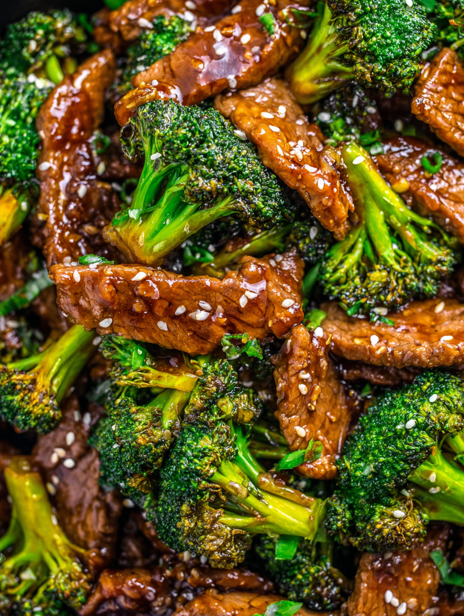 Finished beef and broccoli served with rice and garnishes