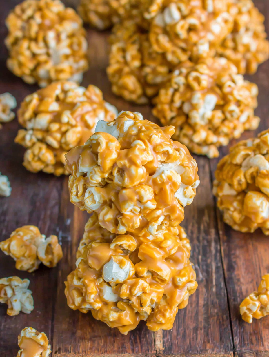 Close-up of butterscotch peanut butter mixture poured over popcorn