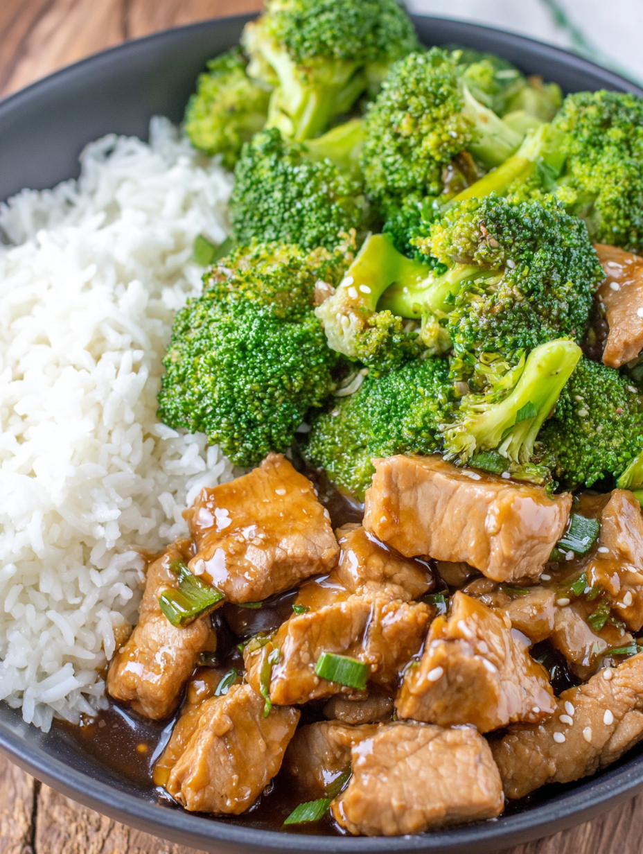 Serving suggestion: pork over rice with broccoli