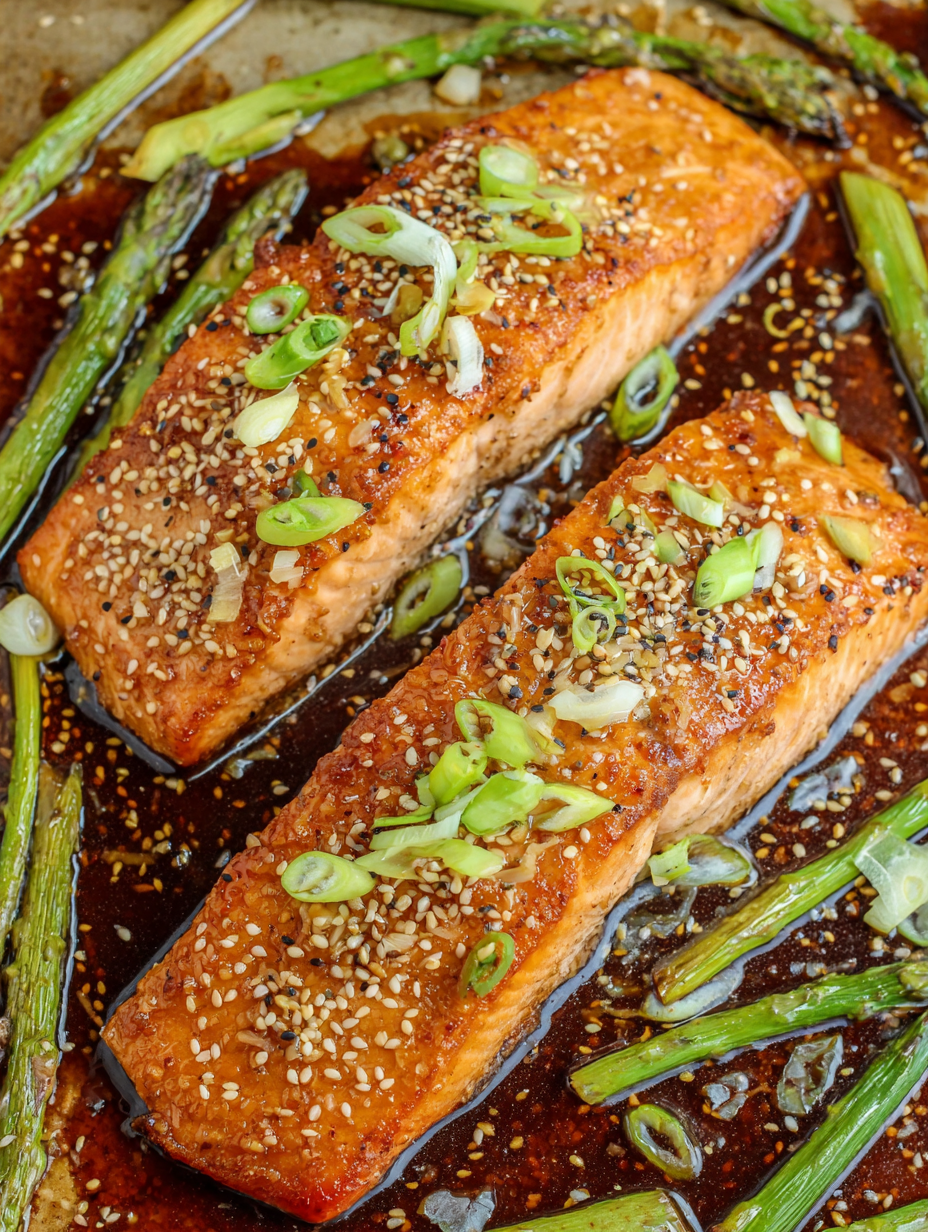 Close-up of glazed salmon with sesame seeds and green onions