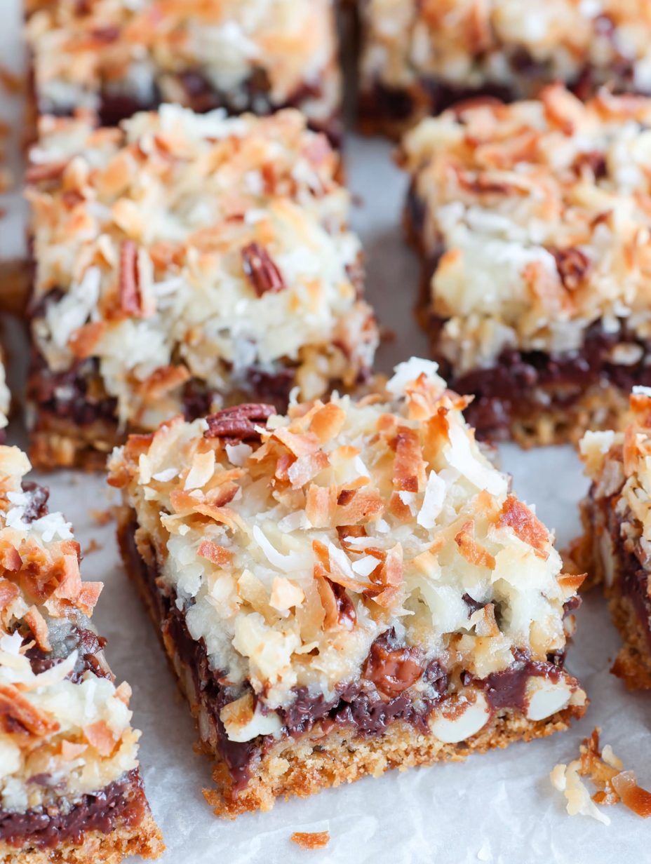 Close-up of a sliced 7-layer bar showing layers