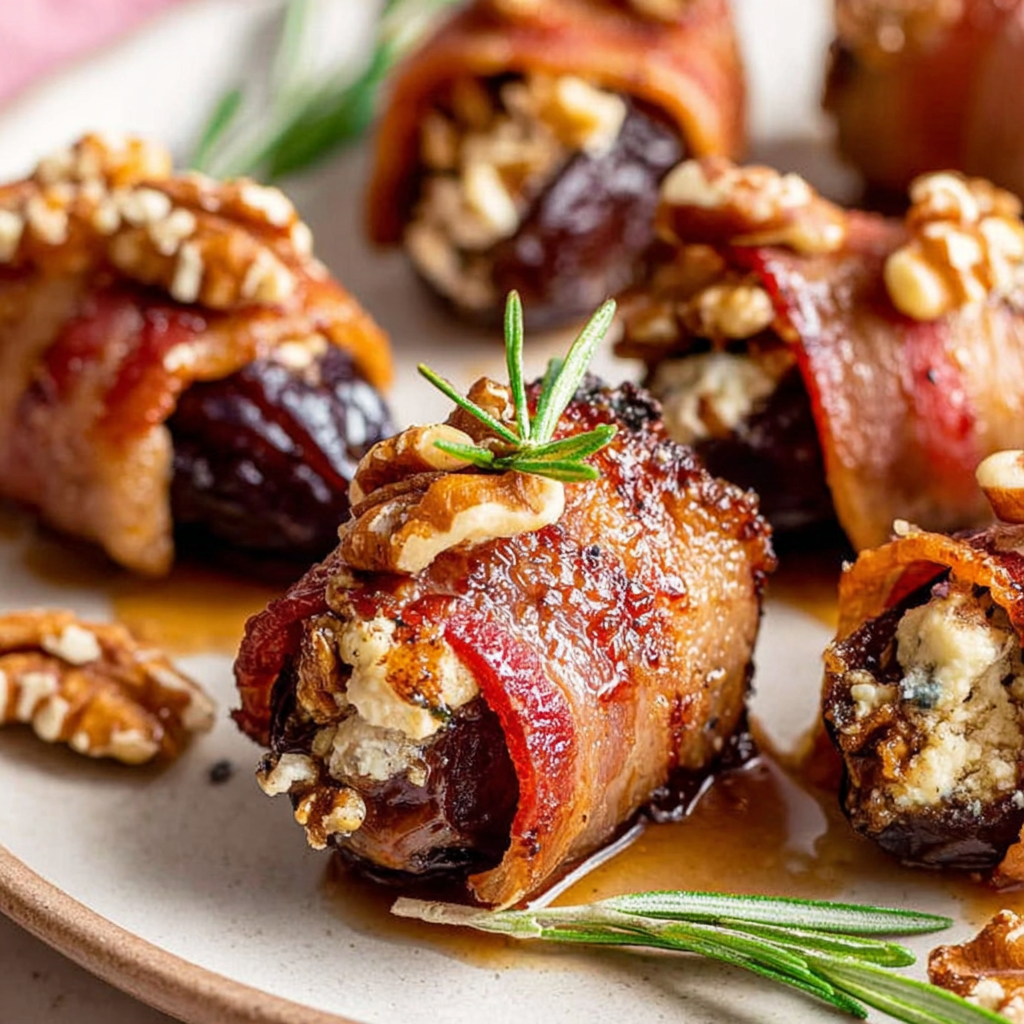 Bacon wrapped dates on a baking sheet