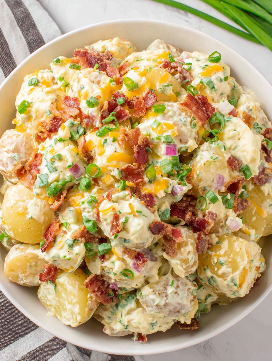 Jalapeno popper potato salad in a serving bowl
