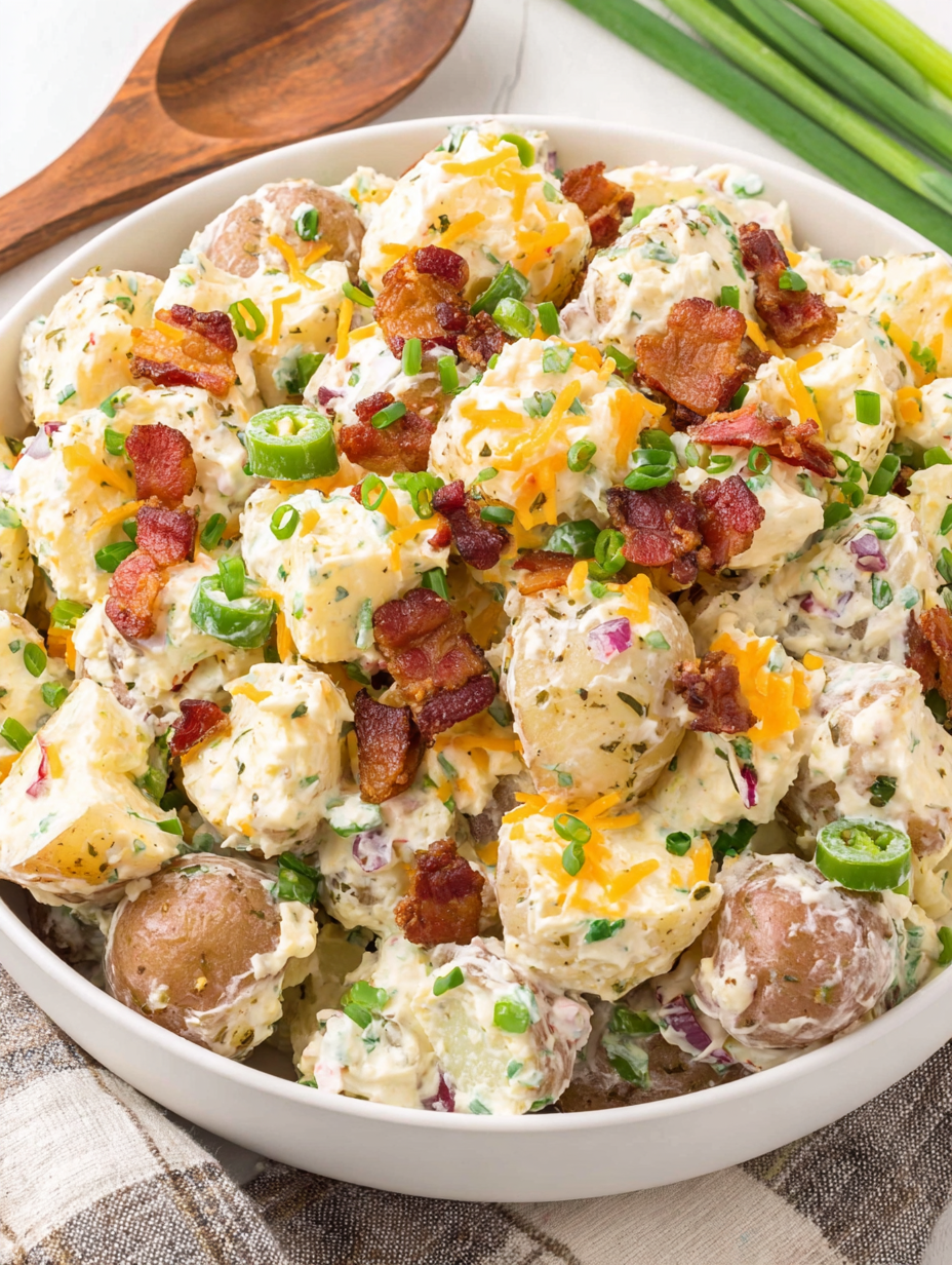 Close-up of potato salad showing cheddar and jalapenos