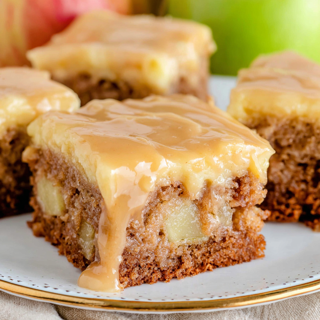 Plated slice of apple dapple cake with glaze