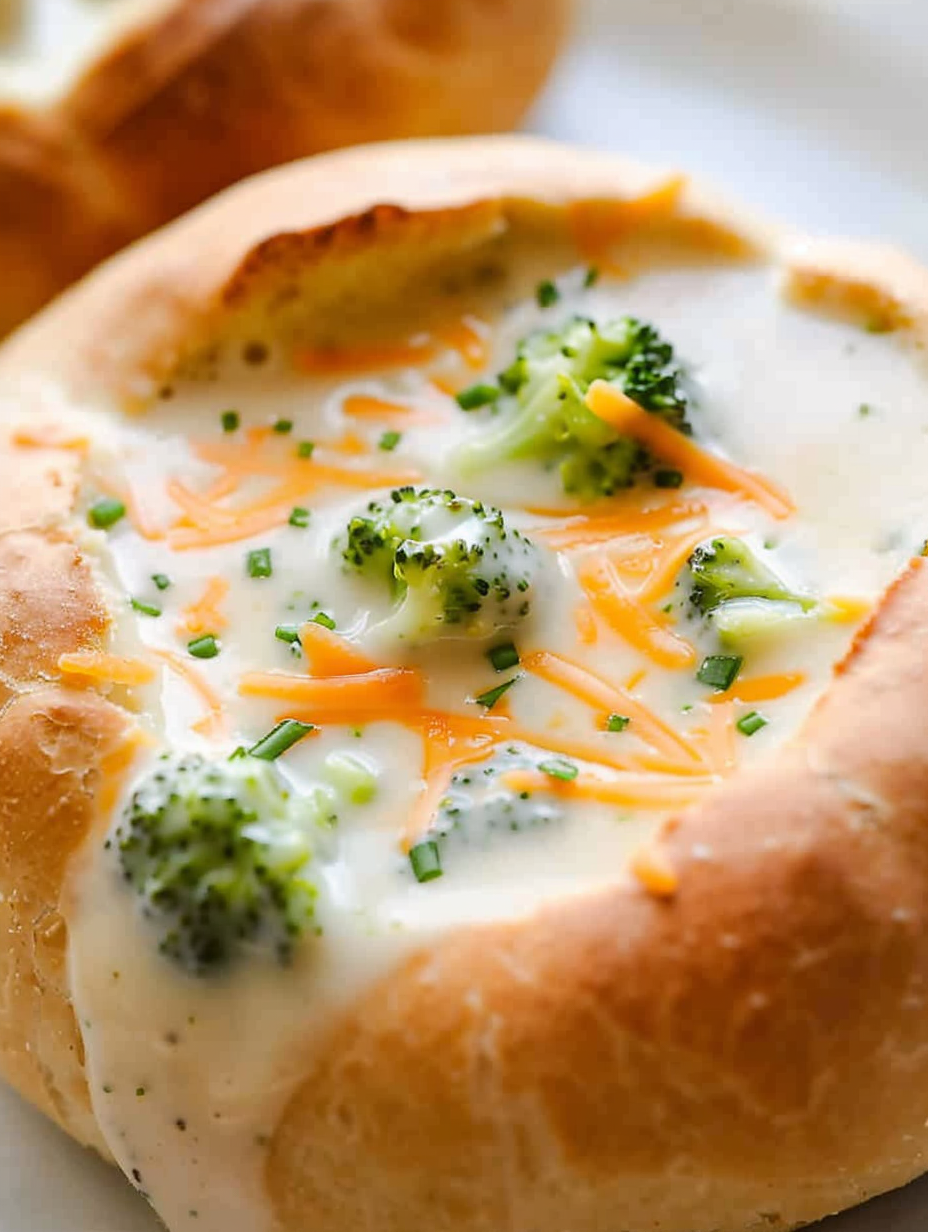Bread bowl with broccoli cheddar soup